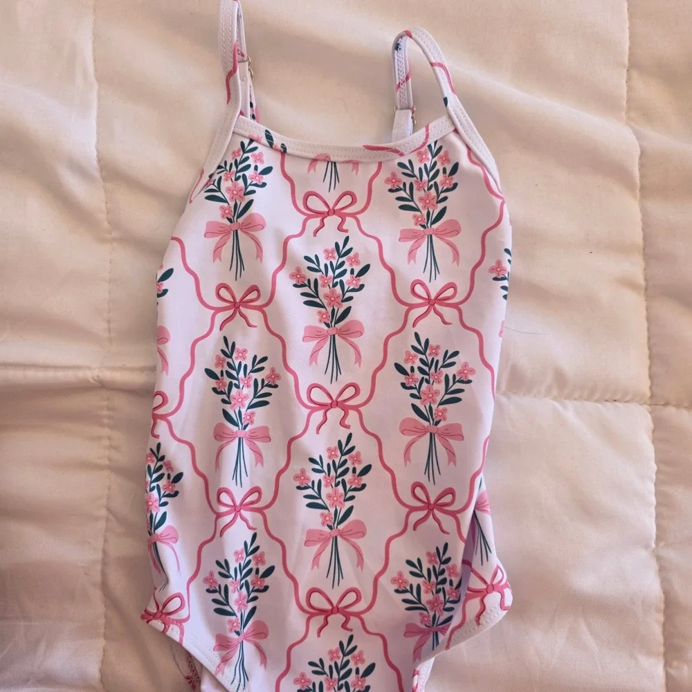 Victorias Vintage Jewels Girls Floral White One Piece Swimsuit Bow Print Size 5Y